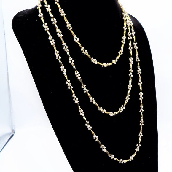 Small Pearls Gold Tone 3 Strand Necklaces and Bracelet Set - Picture 14 of 16